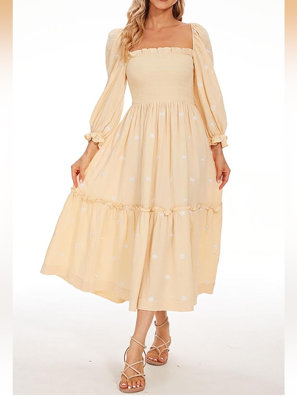 Smocked Square-Neck Midi Dress in Pale Yellow